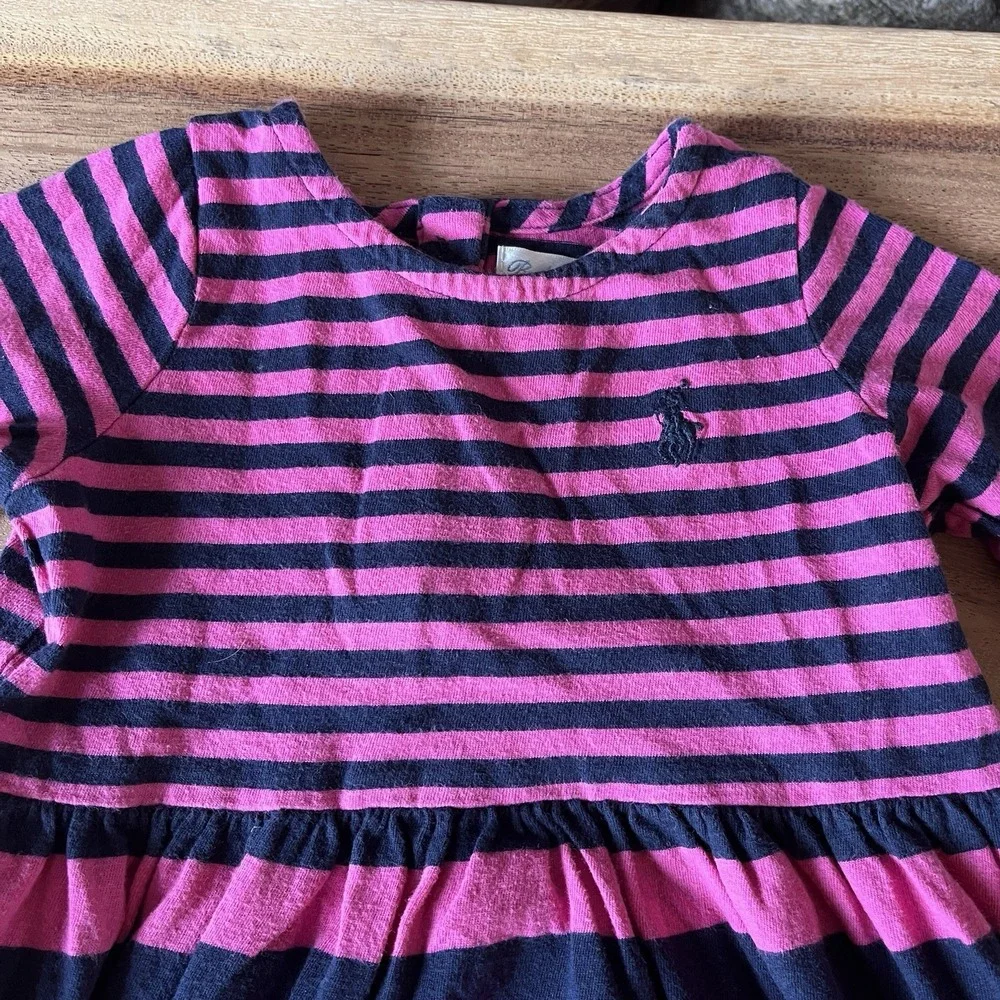 RALPH LAUREN BABY GIRL PINK Blue Striped LONG SLEEVE DRESS & BLOOMER SET 6 MO